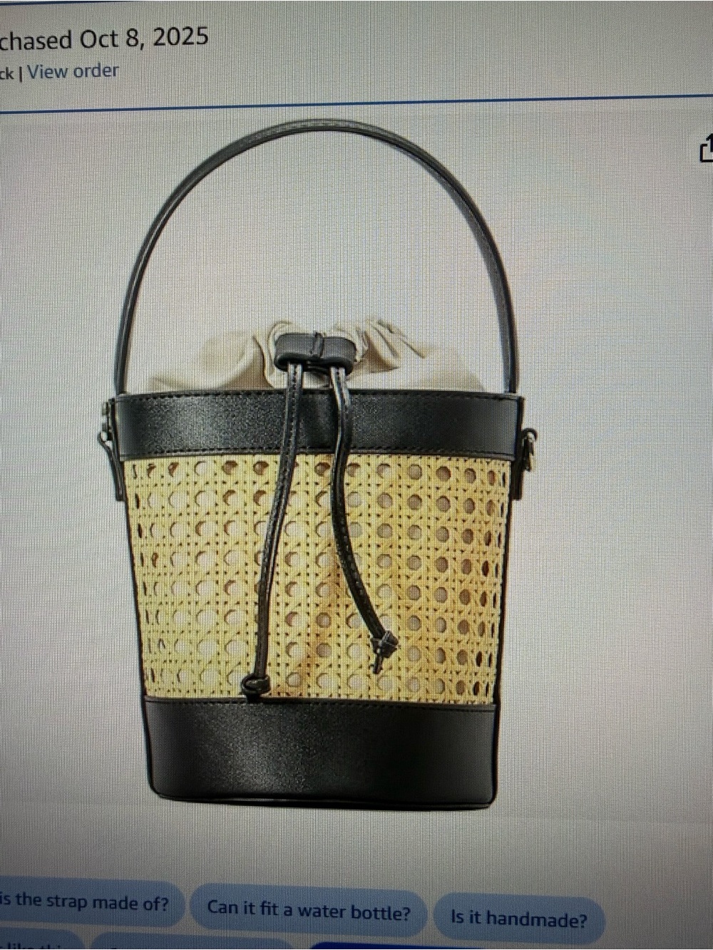 Black & Natural Woven Bucket Bag with Drawstring